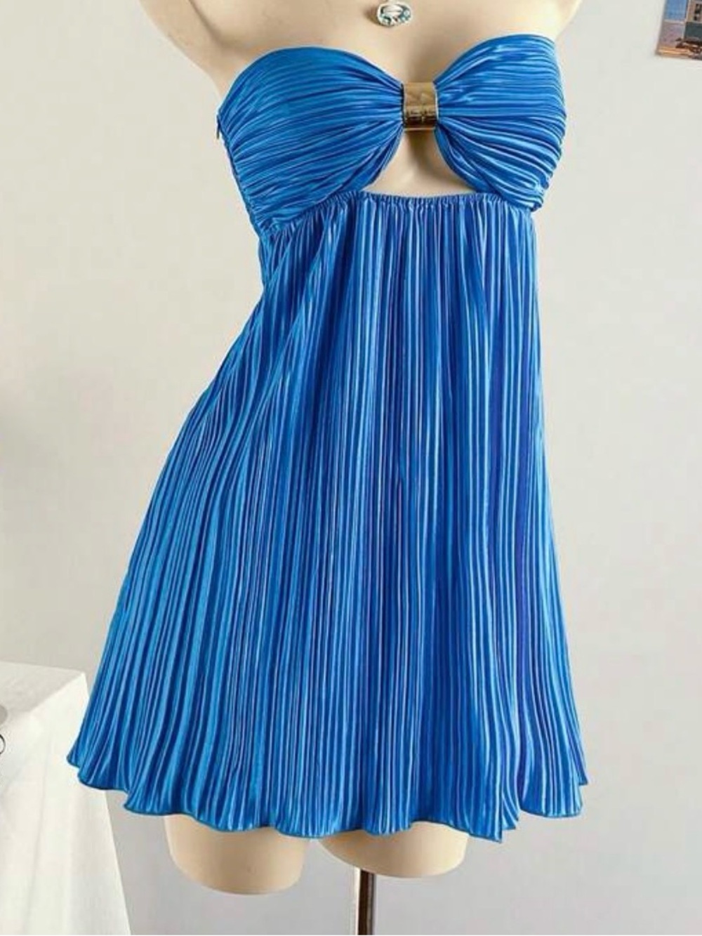Blue Pleated Strapless Dress with Gold Accent